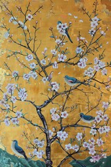 Chinoiseries style painting of bird and cherry blossom flower and tree, classic yellow theme