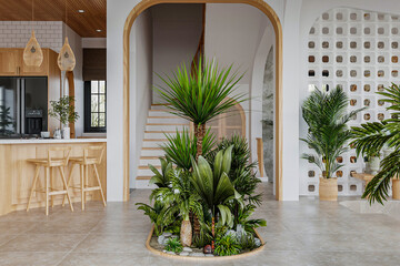 Entrance hall with upper staircase, huge houseplants.
