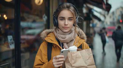 As she leaves the coffee shop, a pretty modern female holds a paper bag with food while holding headphones and a smartphone.