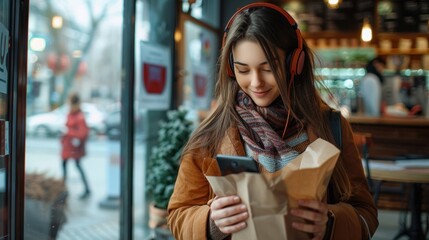 As she leaves the coffee shop, a pretty modern female holds a paper bag with food while holding headphones and a smartphone.