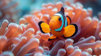 Under the tentacles of its sea anemone, a clown anemonefish shelters. - obrazy, fototapety, plakaty