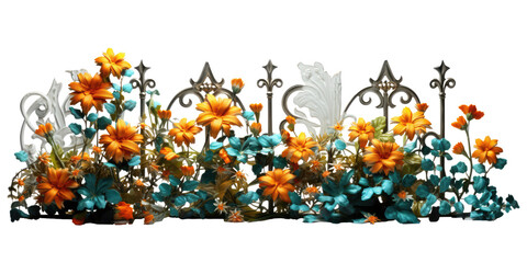 beautiful and very cute metal fence with little flowers isolated on transparent background