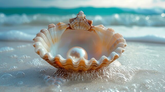Pearl inside clam shell on beach of white sand [Photo Illustration]