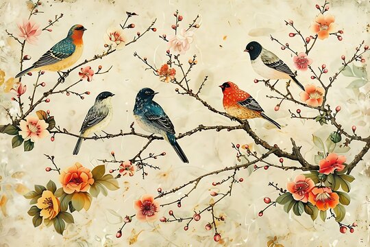 Simple beige Classic painting of bird and flower on tree branches, luxury Asian Chinese style, artwork for wall art and decoration 
