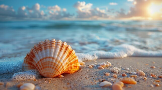 An image of a seashell with the blue sky and sea behind it.