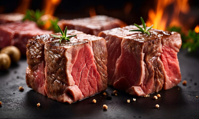 Cube steak on dark background. Torching grilled beef steak which is a famous street food. medium-rare ribeye steak Soft tender cube steak on the hot grill.