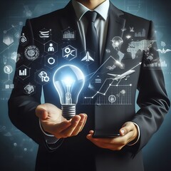 Businessman holding creative light bulb with growth graph and aerospace icons. Leveraging aerospace innovation technology to pioneer new solutions and advancements that elevate successful