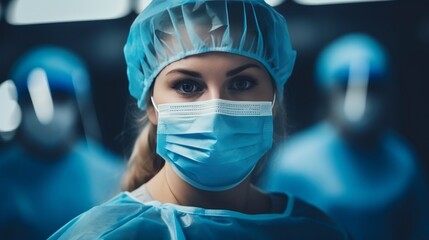 Stressed female doctor in face mask disappointed after medical failure in operating room - obrazy, fototapety, plakaty