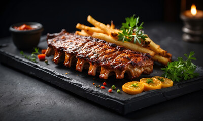 Advertisement picture of grilled and barbecue ribs pork steak On small black slate tray with dark background. Roasted grill ribs with bbq sauce and ketchup with crispy fries.