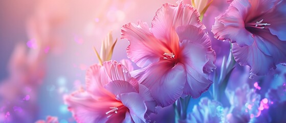 Gladiolus blooms in wide-screen format, exuding majestic magnificence against a backdrop of blurred hues.