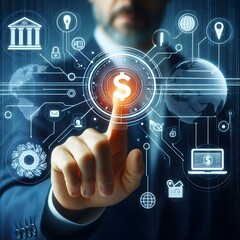 Online banking revolution, innovative Businessman pointing icon with digital technologies, Strategies for financial development in the ever-evolving online banking sector, global network integration