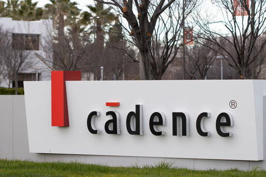San Jose, CA, USA - Feb 21, 2024: Cadence sign is seen at its headquarters campus in San Jose, California. Cadence is an electronic design automation (EDA) and intelligent system design provider.