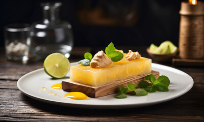 Delicious fresh yellow jelly with mint on wooden table. Mango pudding, jelly, dessert on black plate. Grey stone background. Close up. Traditional panna cotta with lemon and mint. Selective focus.