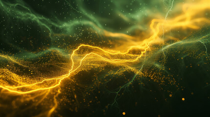 A dark background features yellow lightning and waves, with minimal lines and a light black and green style.