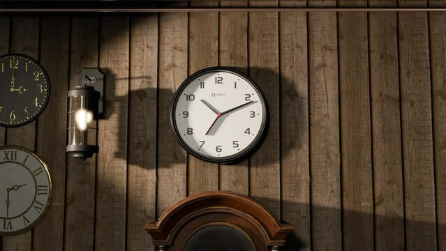 3D animation of a typical modern clock on a wooden wall with dramatic lighting
