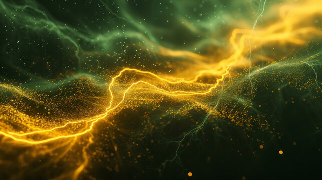A dark background features yellow lightning and waves, with minimal lines and a light black and green style.