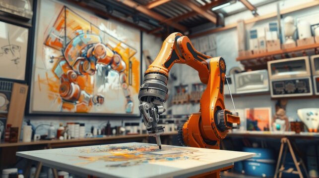 A robotic arm with artificial intelligence paints a picture on a canvas. Cartoon or anime illustration style