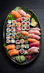 A sushi platter with fresh fish and rice arranged carefully on the dish with garnishes. Sushi arranged on a traditional sushi tray isolated on dark blackground