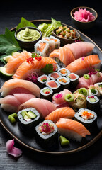 A sushi platter with fresh fish and rice arranged carefully on the dish with garnishes. Sushi arranged on a traditional sushi tray on dark blackground.
