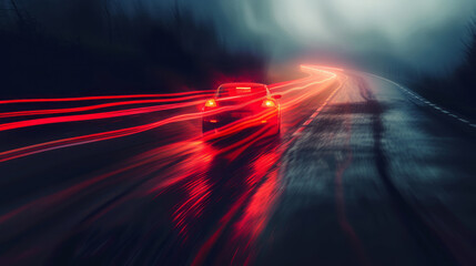 Red light trails and colorful curves mark the path of a car driving down a road. - obrazy, fototapety, plakaty