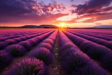 Close photo Beautiful lavender at sunset, Close up lavender flowers in beautiful field at sunset, AI generated