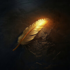 The glowing golden feather stands out against the black floor.