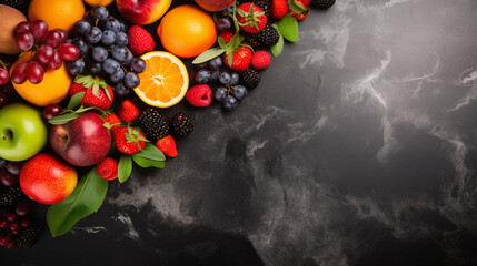 Top view of the fresh fruits on a corner of the dark rough stone table. healthy food concept. Healthy food photography. Fresh apple, grapes, strawberry, orange. Generative AI. 
