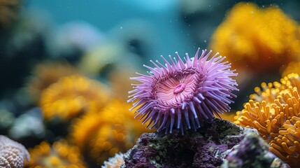 A purple sea urchin is seen in its natural habitat in the sea with yellow coral behind it. The ocean is blue in color.