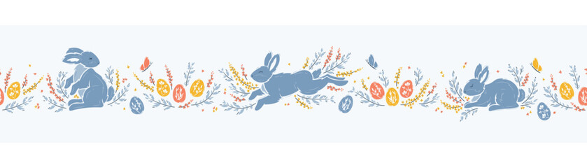 Horizontal Seamless Border Pattern of Easter Bunnies, Easter Eggs, Floral Elements. Spring Banner with Cute Blue Bunny, Leaves and Flowers. Vector illustration