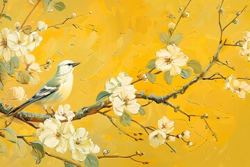 Classic Yellow color theme Chinese traditional painting style of flowers and birds