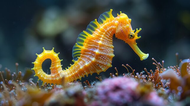 Yellow Female Common Seahorse (Hippocampus Taeniopterus) on the ocean bottom. An underwater photograph.