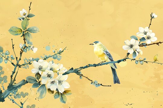 Yellow color theme Chinese traditional painting style of flowers and birds