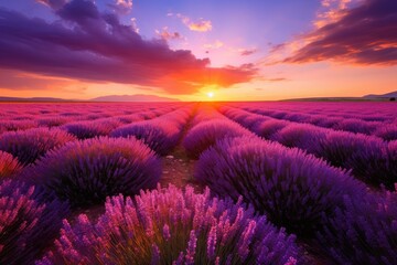 Beautiful lavender field at sunset, A beautiful lavender field against the backdrop of a dramatic...