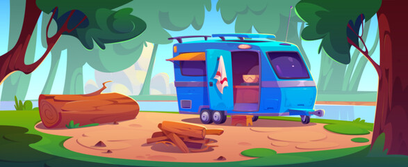 Fototapety  Camping place with camper van with tent and open door standing in forest near logs on bonfire pit and large wood trunk on ground as seat. Cartoon summer scene with caravan for outdoor relax and travel