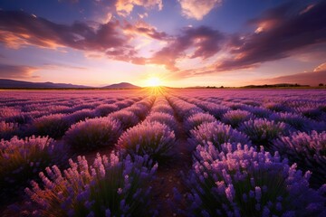Beautiful lavender field at sunset, A beautiful lavender field against the backdrop of a dramatic sunset, Ai generated - obrazy, fototapety, plakaty