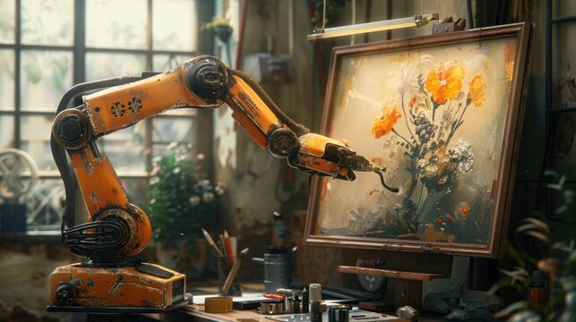 A robotic arm with artificial intelligence paints a picture on a canvas. Cartoon or anime illustration style
