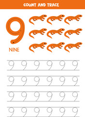 Numbers tracing practice. Writing number nine. Cute cartoon newts.