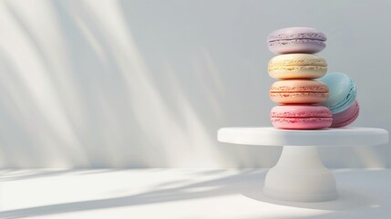 A delicate stack of colorful macaroons bathed in soft, natural light, offering an airy and ethereal culinary presentation