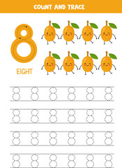 Fototapeta premium Trace numbers. Number eight. Cute cartoon ximenia fruits.