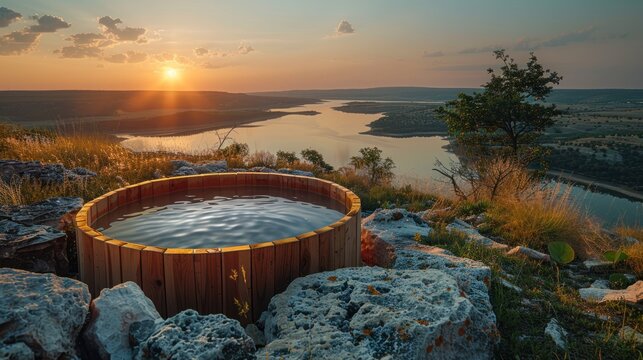 A circular cedar hot tub high on a hilltop overlooks Possum Kingdom Lake at sunset. Realistic photos are Highly detailed