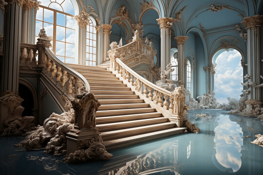 An elegant and beautiful architectural depiction of a grand stair adorned with intricately carved stones, featuring a door through which the sky can be seen, embodying the concept of heaven