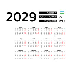 Calendar 2029 Uzbek language with Uzbekistan public holidays. Week starts from Monday. Graphic design vector illustration.