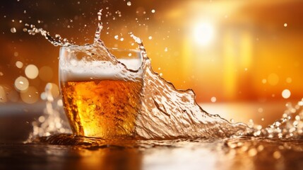 Glass of ice cold lager beer with frothy foam pouring in pub brewer for refreshing summer drink - obrazy, fototapety, plakaty