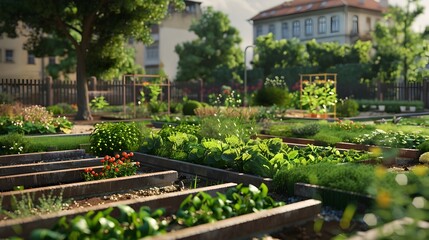 Lush Urban Garden with Raised Beds and Various Herbs and Vegetables - A beautiful and productive garden in an urban setting featuring raised beds filled with an array of herbs and vegetables in a phot