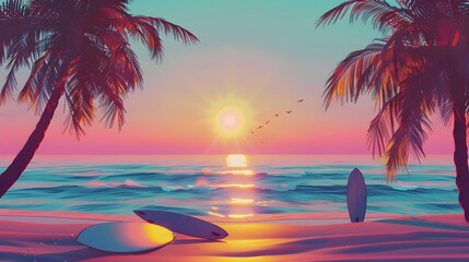 Fototapeta na wymiar Retrowave Beach Illustration with Palm Trees and Surfboards - This illustration of a beach with palm trees and surfboards done in the style of synthwave and retrowave is perfect for setting a summer 