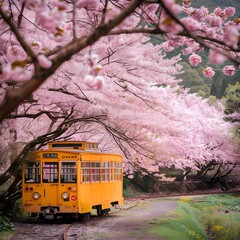 Obraz premium A yellow tram running through the cherry blossoms in full bloom