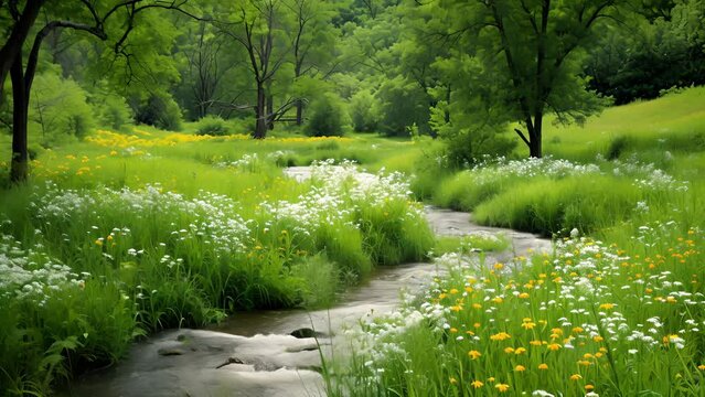 Background A serene meadow with wildflowers and a babbling brook.