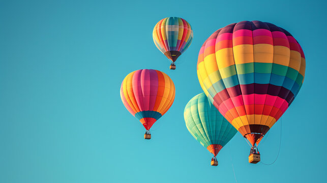 Soaring Colors: Vibrant Hot Air Balloons Ascending in the Clear Blue Sky - A Symbol of Freedom and Adventure