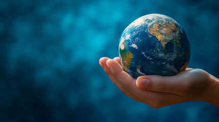 Cradling Our Home: Human Hand Gently Holding a Detailed and Realistic Earth Globe Against a Beautiful Blue Bokeh Background