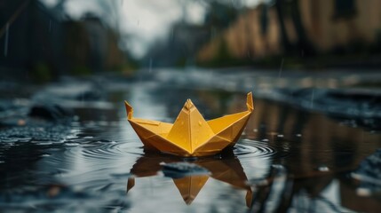 A paper boat floating in a puddle, symbolizing the journey of resilience through adversity - obrazy, fototapety, plakaty